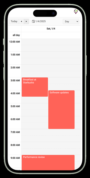 TaskLoco calendar view with events and deadlines blocked across the day